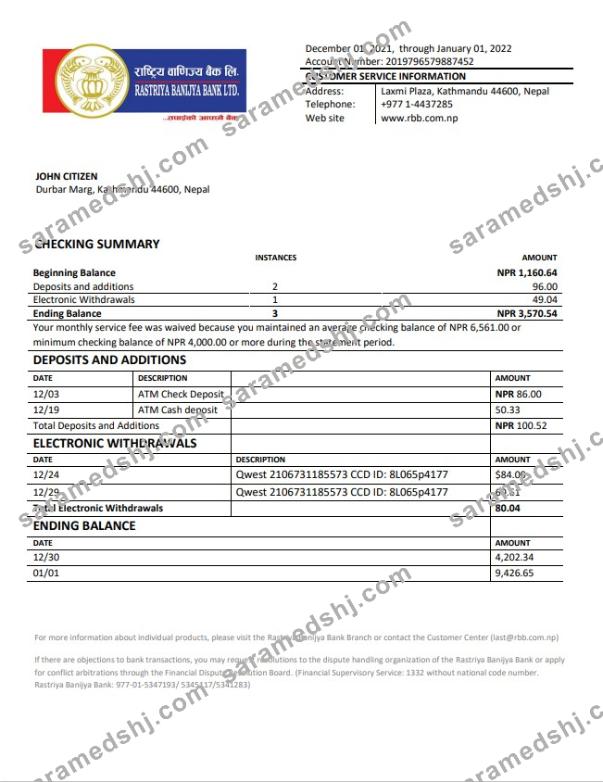 Nepal Rastriya Banijya Bank statement